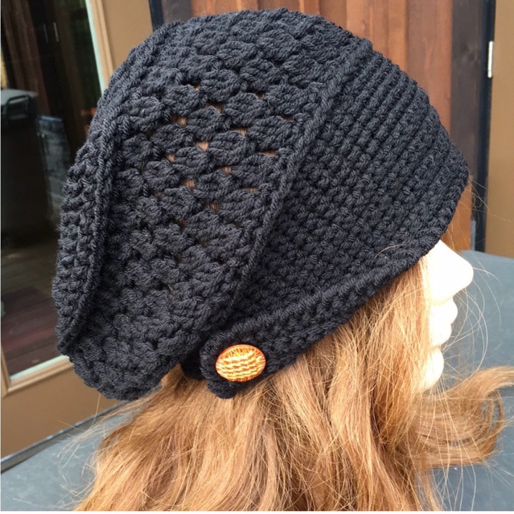Black Handmade Crochet Women's Hat with Button Detail